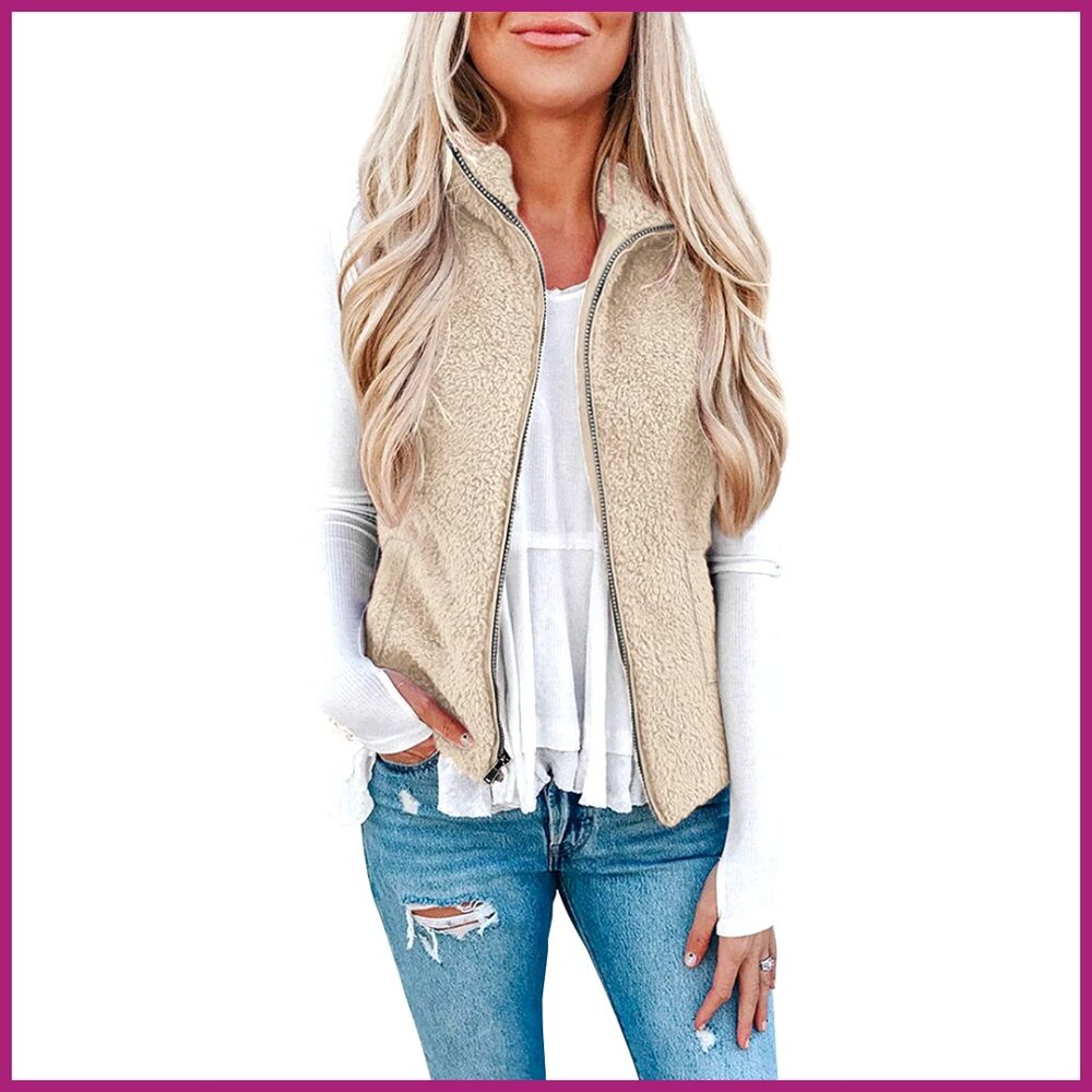 Fuzzy Sherpa Fleece Vest Lightweight Sleeveless Cardigan with Zipper